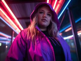 Plus size woman walking confidently through the vibrant neon lit streets AI Generative photo