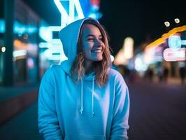 Plus size woman walking confidently through the vibrant neon lit streets AI Generative photo