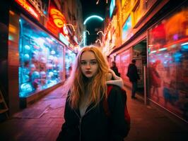 Plus size woman walking confidently through the vibrant neon lit streets AI Generative photo