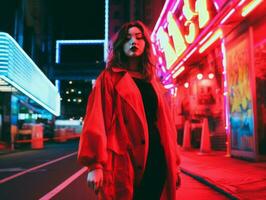 Plus size woman walking confidently through the vibrant neon lit streets AI Generative photo