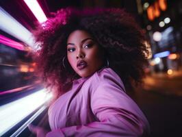 más Talla mujer caminando con confianza mediante el vibrante neón iluminado calles ai generativo foto