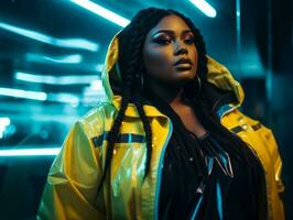 Plus size woman walking confidently through the vibrant neon lit streets AI Generative photo