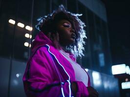 Plus size woman walking confidently through the vibrant neon lit streets AI Generative photo