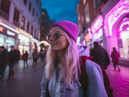 más Talla mujer caminando con confianza mediante el vibrante neón iluminado calles ai generativo foto