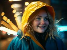 más Talla mujer caminando con confianza mediante el vibrante neón iluminado calles ai generativo foto