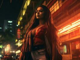 Plus size woman walking confidently through the vibrant neon lit streets AI Generative photo