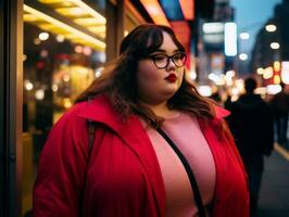 Plus size woman walking confidently through the vibrant neon lit streets AI Generative photo