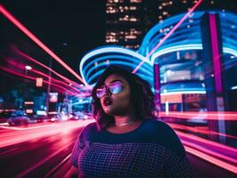 Plus size woman walking confidently through the vibrant neon lit streets AI Generative photo