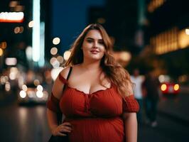 más Talla mujer caminando con confianza mediante el vibrante neón iluminado calles ai generativo foto