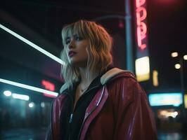 Plus size woman walking confidently through the vibrant neon lit streets AI Generative photo