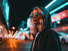 Plus size woman walking confidently through the vibrant neon lit streets AI Generative photo