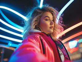 Plus size woman walking confidently through the vibrant neon lit streets AI Generative photo