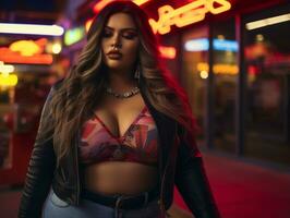 Plus size woman walking confidently through the vibrant neon lit streets AI Generative photo