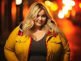 Plus size woman walking confidently through the vibrant neon lit streets AI Generative photo