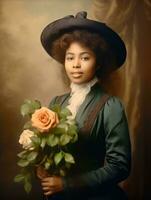 antiguo de colores fotografía de un negro mujer desde el temprano 1900 ai generativo foto