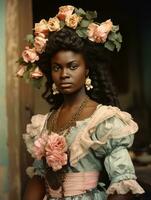 Old colored photograph of a black woman from the early 1900s AI Generative photo