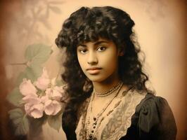 Old colored photograph of a black woman from the early 1900s AI Generative photo