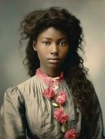 antiguo de colores fotografía de un negro mujer desde el temprano 1900 ai generativo foto