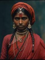 Old colored photograph of a indian woman from the early 1900s AI Generative photo