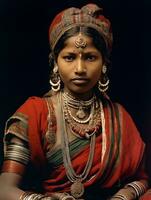 Old colored photograph of a indian woman from the early 1900s AI Generative photo