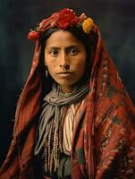 antiguo de colores fotografía de un mexicano mujer desde el temprano 1900 ai generativo foto