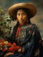 antiguo de colores fotografía de un mexicano mujer desde el temprano 1900 ai generativo foto