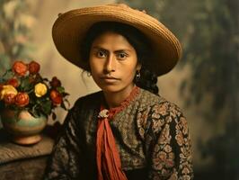 antiguo de colores fotografía de un mexicano mujer desde el temprano 1900 ai generativo foto