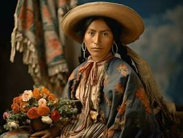 Old colored photograph of a mexican woman from the early 1900s AI Generative photo