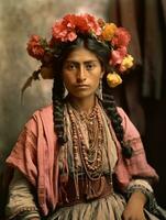 antiguo de colores fotografía de un mexicano mujer desde el temprano 1900 ai generativo foto