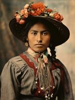 antiguo de colores fotografía de un mexicano mujer desde el temprano 1900 ai generativo foto