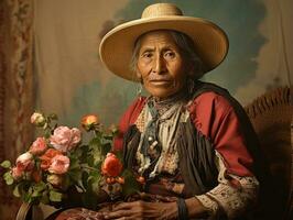 Old colored photograph of a mexican woman from the early 1900s AI Generative photo