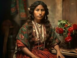 Old colored photograph of a mexican woman from the early 1900s AI Generative photo