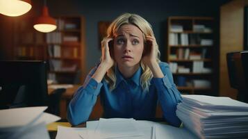 Desperate office worker overwhelmed with paperwork AI Generated photo