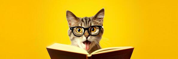 gracioso gato en los anteojos leyendo un libro en amarillo antecedentes. un gato con un libro muestra sus lengua. ai generado foto