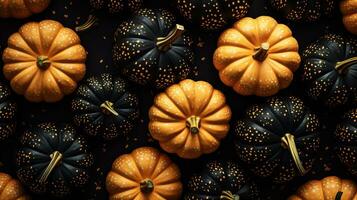 Pumpkin background. Multi-colored pumpkins with a crouched plan.  AI Generated photo