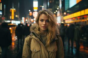 a beautiful blonde woman standing in the middle of a busy city street at night generative ai photo