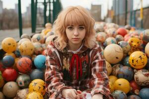 a girl sitting on a pile of balls generative ai photo