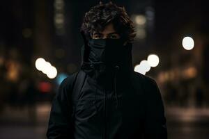 a man in a black hoodie and face mask standing in the middle of a city street at night generative ai photo