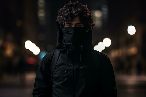 a man in a black hoodie and face mask standing in the middle of a city street at night generative ai 29680576 Stock Photo at Vecteezy