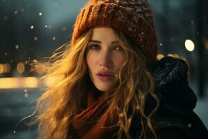 un hermosa joven mujer con largo pelo y un gorro es en pie en el nieve generativo ai foto