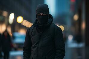 un hombre en un negro máscara y capucha en pie en un ciudad calle a noche generativo ai foto