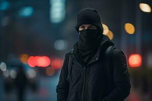 a man in a black mask and hoodie standing on the street at night generative ai photo