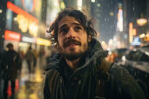 un hombre es en pie en el lluvia en un ciudad calle generativo ai foto
