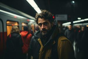 a man standing in front of a subway train generative ai photo