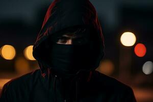 a man wearing a black hoodie and a black face mask generative ai photo