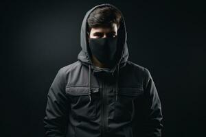 a man wearing a black hoodie and a black face mask photo