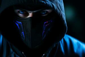 a man wearing a black hoodie and a blue face mask generative ai photo