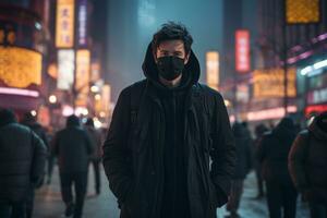 un hombre vistiendo un cara máscara en un ciudad a noche generativo ai foto