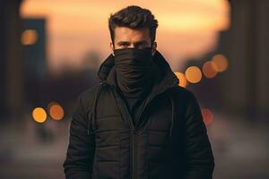 a man wearing a face mask in a city at night photo