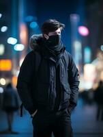 a man wearing a face mask on a city street at night generative ai photo